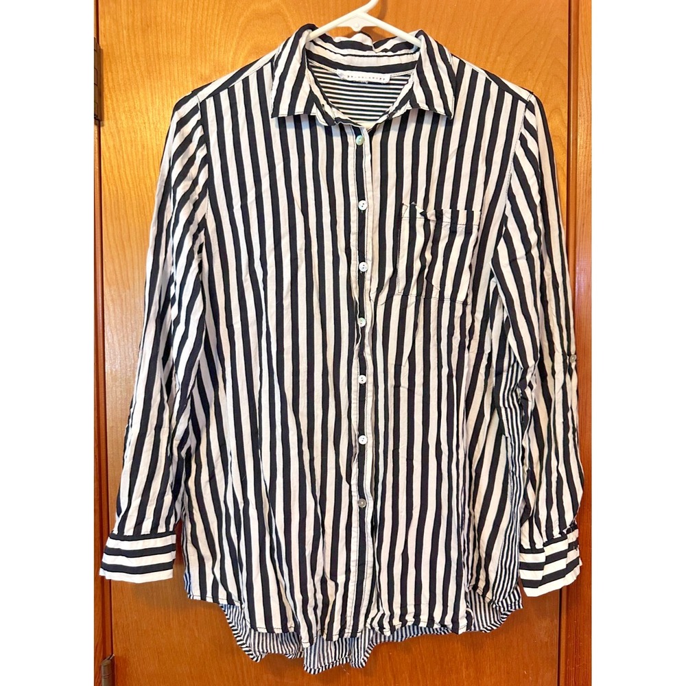 Jane & Delancey Black White Stripe Long Sleeve Button Up Back Top Blouse Large
